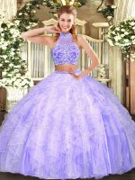 Attractive Lavender Two Pieces Beading and Ruffles Sweet 16 Dresses Criss Cross Tulle Sleeveless Floor Length