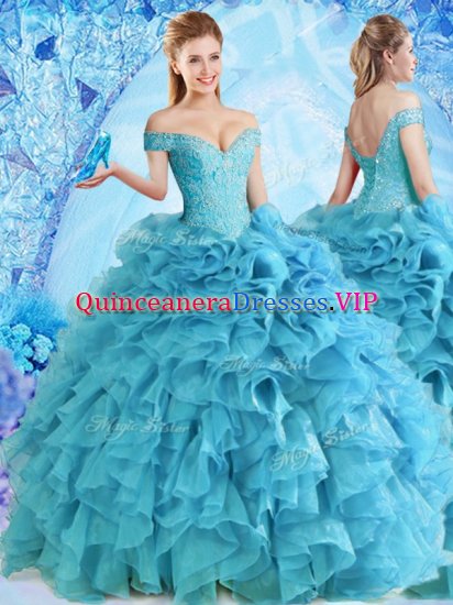 Luxury Off the Shoulder Baby Blue Sleeveless Floor Length Beading and Ruffles Lace Up Sweet 16 Dress - Click Image to Close