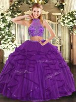 Purple Sleeveless Floor Length Beading and Ruffled Layers Criss Cross Sweet 16 Quinceanera Dress