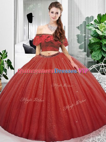 Lace Military Ball Gown Coral Red Lace Up Sleeveless Floor Length - Click Image to Close