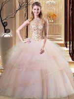 Peach Ball Gowns Tulle Scoop Sleeveless Beading and Ruffled Layers Lace Up Ball Gown Prom Dress Brush Train(SKU SJQDDT893002-3BIZ)