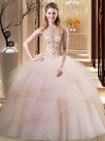 Peach Ball Gowns Tulle Scoop Sleeveless Beading and Ruffled Layers Lace Up Ball Gown Prom Dress Brush Train