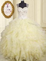 Organza Straps Sleeveless Lace Up Beading and Ruffles Quinceanera Dresses in Light Yellow