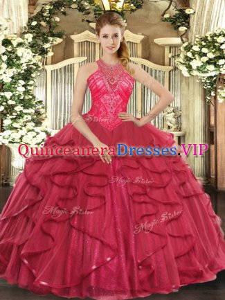 New Style Ball Gowns Quinceanera Dresses Coral Red High-neck Organza Sleeveless Floor Length Lace Up