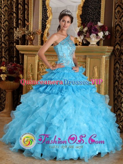 Andes colombia One Shoulder Aque Blue Ruffles Luxurious Quinceanera Dresses With Beaded Decorate Bust For Graduation - Click Image to Close