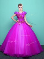 Vintage Scoop Tulle Short Sleeves Floor Length 15 Quinceanera Dress and Appliques