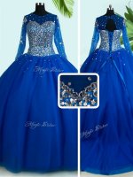 Scoop Royal Blue Long Sleeves With Train Beading Lace Up Quinceanera Gown(SKU PSSW0400BIZ)