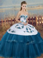 Deluxe Tulle Sweetheart Sleeveless Lace Up Embroidery and Bowknot Sweet 16 Dresses in Blue And White