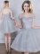 Unique Grey Scoop Neckline Appliques and Belt Quinceanera Court Dresses Short Sleeves Lace Up