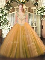 Gold Tulle Lace Up Quinceanera Dresses Sleeveless Floor Length Beading(SKU SJQDDT1252002-2BIZ)