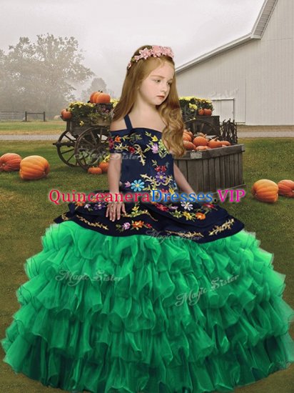 Green Sleeveless Floor Length Embroidery Lace Up Pageant Gowns For Girls - Click Image to Close