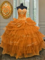 Trendy Orange Lace Up Sweet 16 Dresses Beading and Ruffled Layers and Pick Ups Sleeveless Floor Length