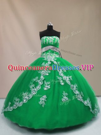 Exquisite Strapless Sleeveless Lace Up Quinceanera Dresses Green Tulle