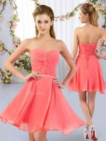 Watermelon Red Sleeveless Mini Length Ruching Lace Up Quinceanera Court Dresses