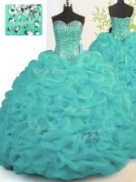 Turquoise Organza Lace Up 15th Birthday Dress Sleeveless With Brush Train Beading and Ruffles