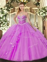Admirable Lilac Sweet 16 Dress Military Ball and Sweet 16 and Quinceanera with Beading and Ruffles Sweetheart Sleeveless Lace Up