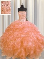 Adorable Visible Boning Organza Strapless Sleeveless Lace Up Beading and Ruffles Sweet 16 Dress in Orange