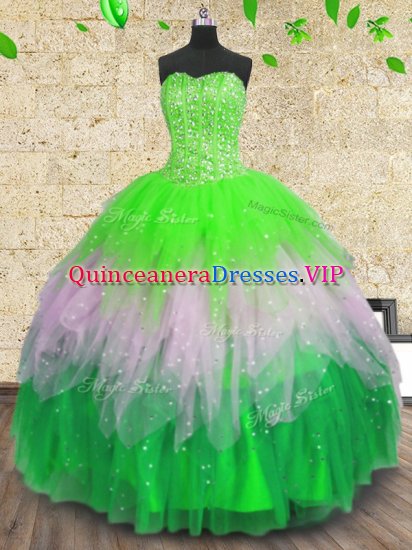 Pretty Multi-color Tulle Lace Up Sweetheart Sleeveless Floor Length 15th Birthday Dress Beading and Ruffles and Sequins - Click Image to Close