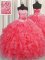 New Arrival Handcrafted Flower Floor Length Coral Red Sweet 16 Dresses Organza Sleeveless Ruffles and Hand Made Flower