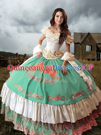 Great Off The Shoulder Sleeveless Quince Ball Gowns Brush Train Embroidery and Ruffled Layers Multi-color Taffeta