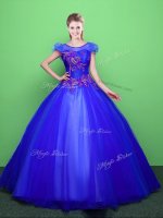 Blue Scoop Lace Up Appliques Quinceanera Gowns Short Sleeves