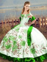 Fancy Sleeveless Satin Floor Length Lace Up Quince Ball Gowns in Green with Embroidery