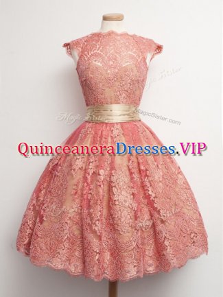 Cap Sleeves Lace Up Knee Length Belt Dama Dress for Quinceanera