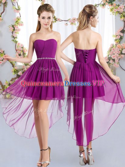 Purple Chiffon Lace Up Strapless Sleeveless High Low Damas Dress Beading - Click Image to Close