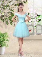 Admirable Aqua Blue A-line V-neck Cap Sleeves Tulle Knee Length Lace Up Lace and Belt Quinceanera Court of Honor Dress