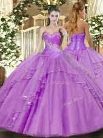Hot Selling Lavender Ball Gowns Sweetheart Sleeveless Tulle Floor Length Side Zipper Beading and Ruffles Quinceanera Gown