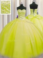 Really Puffy Yellow Green Tulle Lace Up Quinceanera Dress Sleeveless Floor Length Beading
