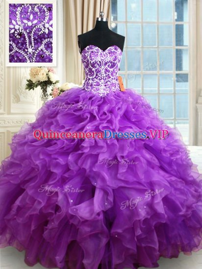 Hot Sale Floor Length Purple Quinceanera Dress Organza Sleeveless Beading and Ruffles - Click Image to Close