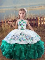 Hot Selling Turquoise Scoop Lace Up Embroidery and Ruffles Kids Formal Wear Sleeveless