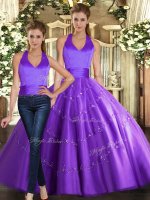 Eye-catching Purple Tulle Lace Up Halter Top Sleeveless Floor Length Quinceanera Gowns Beading(SKU SJQDDT1654009BIZ)