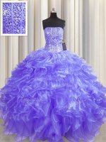 Captivating Visible Boning Organza Strapless Sleeveless Lace Up Beading and Ruffles Vestidos de Quinceanera in Lavender