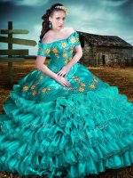 Custom Designed Turquoise Sleeveless Floor Length Embroidery and Ruffles Lace Up Quinceanera Dress