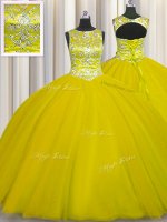 Scoop Beading Sweet 16 Dresses Gold Lace Up Sleeveless Floor Length