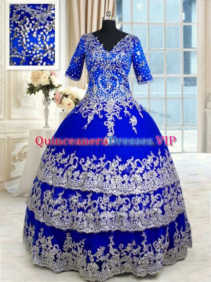 Amazing Royal Blue Ball Gowns V-neck Half Sleeves Satin and Tulle Floor Length Zipper Appliques and Ruffled Layers Quinceanera Dresses - Click Image to Close