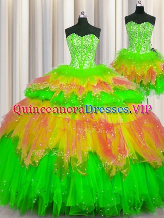 Three Piece Visible Boning Sleeveless Floor Length Beading Lace Up Quinceanera Dresses with Multi-color
