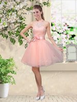 Peach A-line Lace and Belt Damas Dress Lace Up Tulle Sleeveless Knee Length
