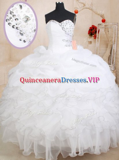 Glorious Sweetheart Sleeveless 15 Quinceanera Dress Floor Length Beading and Ruffles and Pick Ups White Organza - Click Image to Close