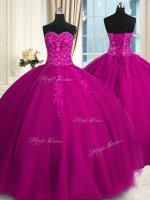 Stylish Sleeveless Tulle Floor Length Lace Up Ball Gown Prom Dress in Fuchsia with Appliques and Embroidery