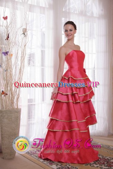 Forde NorwayLayers Coral Red A-line/Princess Strapless Floor-length Satin Ruffles Quinceanera Dama Dress with Hand Flower Decorate - Click Image to Close
