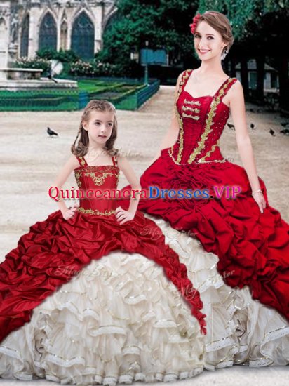 Eye-catching Straps Sleeveless Organza and Taffeta With Brush Train Lace Up Ball Gown Prom Dress in White And Red with Beading and Ruffles and Pick Ups - Click Image to Close