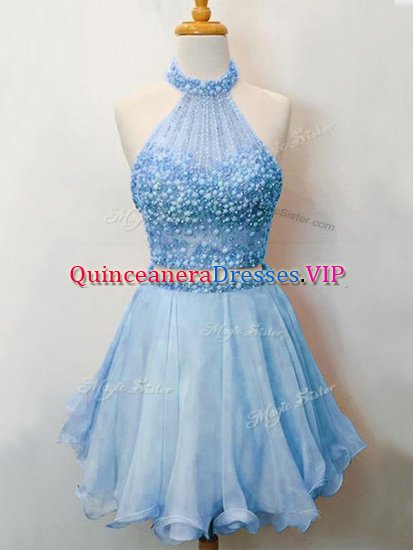 Excellent Blue Lace Up Halter Top Beading Quinceanera Dama Dress Organza Sleeveless - Click Image to Close