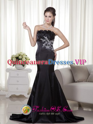 Nesna Norway Mermaid Strapless Brush Train Satin Black Mysterious Quinceanera Dama Dress With Appliques