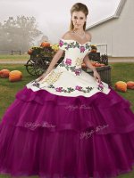 Off The Shoulder Sleeveless 15th Birthday Dress Brush Train Embroidery and Ruffled Layers Fuchsia Tulle