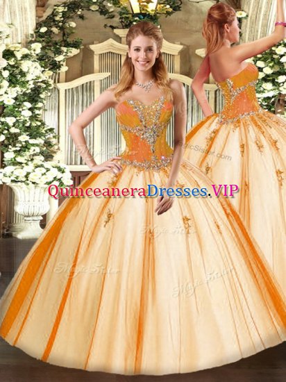 Traditional Sleeveless Tulle Floor Length Lace Up Sweet 16 Quinceanera Dress in Gold with Beading - Click Image to Close