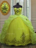 Custom Designed Yellow Green Lace Up Sweetheart Beading and Appliques and Pick Ups Quinceanera Dresses Organza Sleeveless Court Train(SKU PSSW0129-3BIZ)