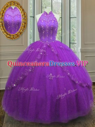 Luxury Ball Gowns Quince Ball Gowns Purple High-neck Tulle Sleeveless Floor Length Lace Up